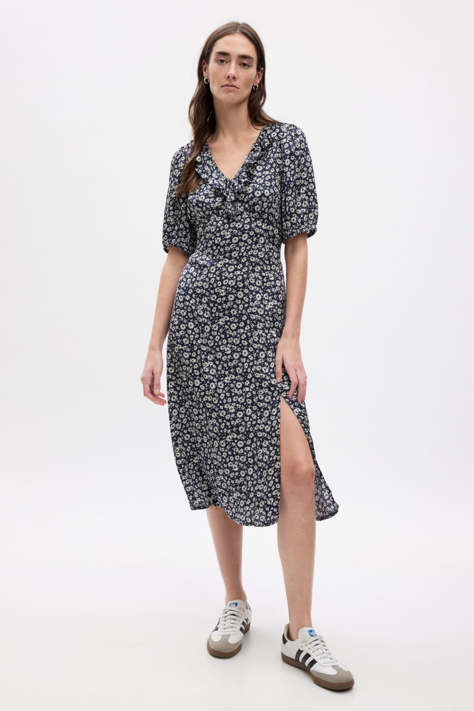 Gap Puff Sleeve Ruffle Midi Dress