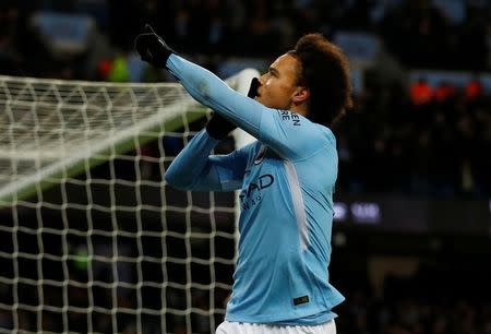 Soccer Football - FA Cup Third Round - Manchester City vs Burnley - Etihad Stadium, Manchester, Britain - January 6, 2018 Manchester City's Leroy Sane celebrates scoring their third goal REUTERS/Phil Noble