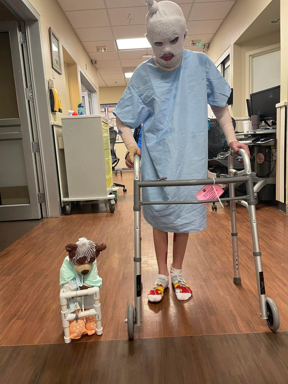 Stuffed friend Brian, and 8-year old burn victim Brantley Parrish. Emergency services are holding a fundraiser to help cover Brantley's medical bills, on May 21 at the Southeast Park Pavilion in Canyon, as a part of National EMS Week.