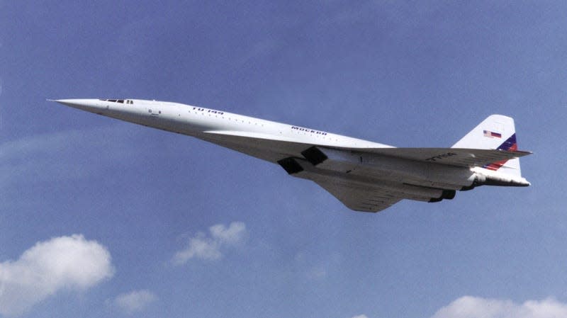 The Tupolev Tu-144LL supersonic flying laboratory shows off its sleek lines in a low-level pass over the Zhukovsky Air Development Center near Moscow, Russia, on a 1998 research flight.