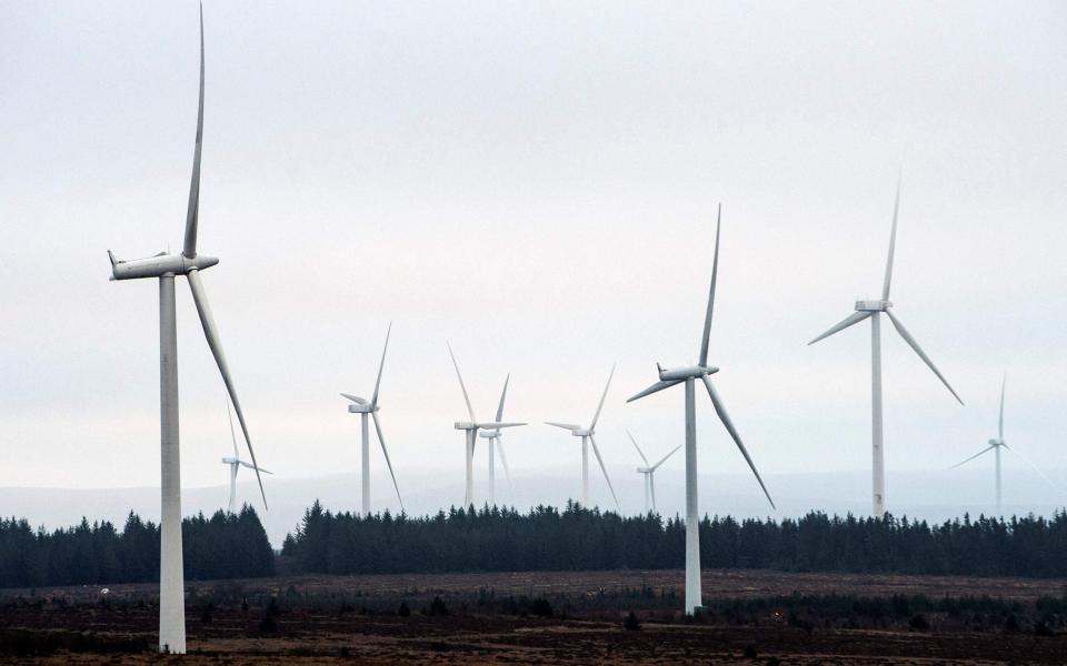 Wind turbines operated by ScottishPower southwest of Glasgow