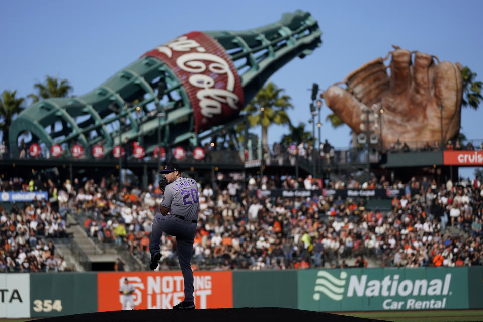 Colorado Rockies pitcher Peter Lambert (20) works against the San Francisco Giants during the first inning of a baseball game in San Francisco, Sunday, Sept. 10, 2023. (AP Photo/Jeff Chiu)