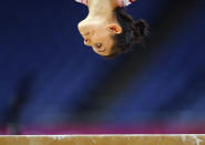 Elsa Garcia Rodriguez Blancas of Mexico attends a gymnastics training session at the O2 Arena before the start of the London 2012 Olympic Games July 26, 2012. REUTERS/Mike Blake (BRITAIN - Tags: SPORT OLYMPICS SPORT GYMNASTICS TPX IMAGES OF THE DAY) 