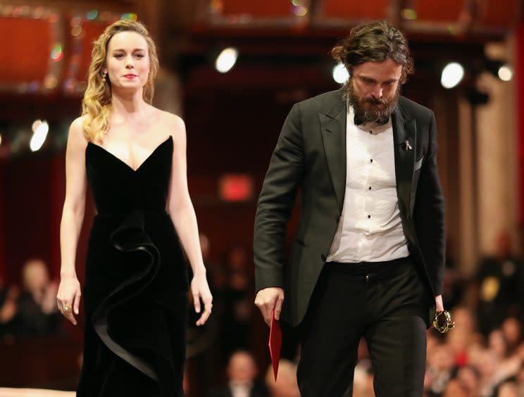 Brie Larson seemed happy to have some distance between herself and Casey Affleck at the Oscars last month. (Photo: Christopher Polk/Getty Images)