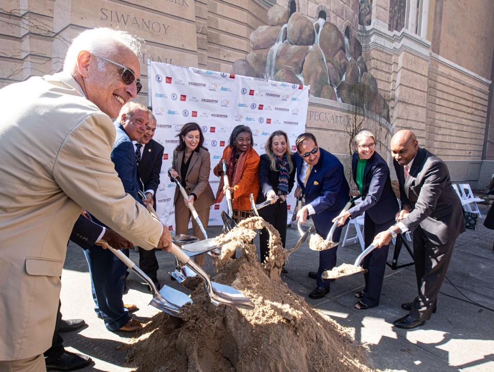 New York State Governor Kathy Hochul and other officials hold a ceremonial ground breaking for a new apartment building at the intersection of Main Street and Riverdale Ave. in Yonkers Sept. 29, 2023. Hochul was joined by Yonkers Mayor Mike Spano, State Senate Majority Leader Andrea Stewart-Cousins, Westchester County Executive George Latimer, as well as other officials.