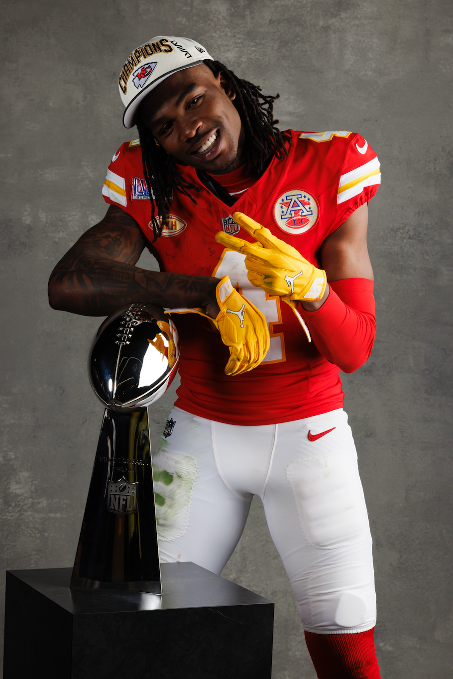 Rashee Rice #4 of the Kansas City Chiefs poses for a portrait with the Vince Lombardi Trophy after Super Bowl LVIII against the San Francisco 49ers at Allegiant Stadium on February 11, 2024 in Las Vegas, Nevada. 