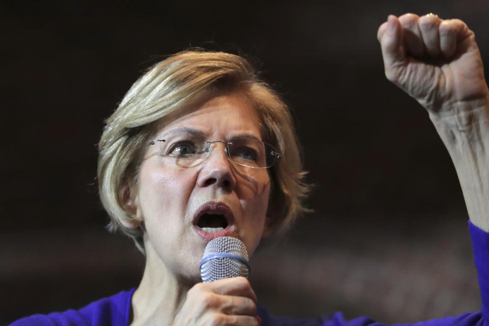 Democratic presidential candidate Sen. Elizabeth Warren, D-Mass., gestures during a campaign stop in Dover, N.H., Friday, Jan. 10, 2020. (AP Photo/Charles Krupa)