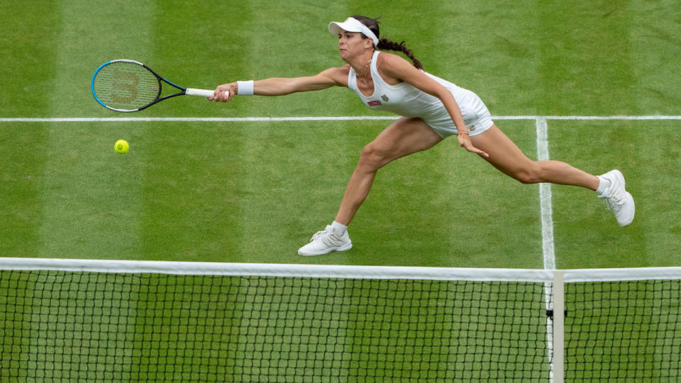 Ajla Tomljanovic, pictured here in action against Ash Barty in the Wimbledon quarter-finals.