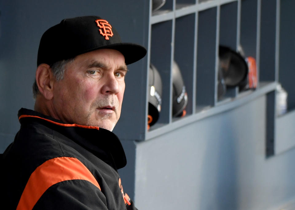 LOS ANGELES, CA - June 19: Bruce Bochy #15 of the San Francisco Giants prior to a MLB baseball game against the Los Angeles Dodgers at Dodger Stadium on Wednesday, June 19, 2019 in Los Angeles, California. (Photo by Keith Birmingham/MediaNews Group/Pasadena Star-News via Getty Images)