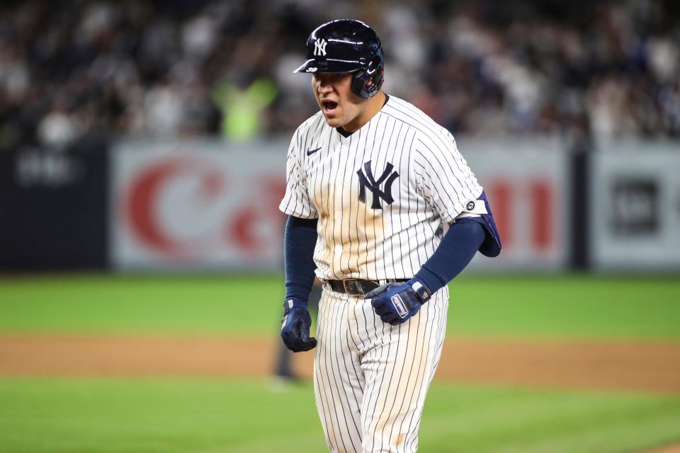 Apr 14, 2022; Bronx, New York, USA;  New York Yankees catcher Jose Trevino (39) reacts after hitting an RBI double in the fifth inning against the Toronto Blue Jays at Yankee Stadium. Mandatory Credit: Wendell Cruz-USA TODAY Sports