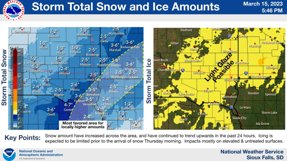 The image shows how much snow is expected to fall in Sioux Falls and surrounding areas Thursday.