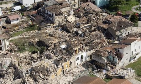 Destroyed houses in Onna are seen in this aerial view near L'Aquila April 7, 2009. REUTERS/Max Rossi