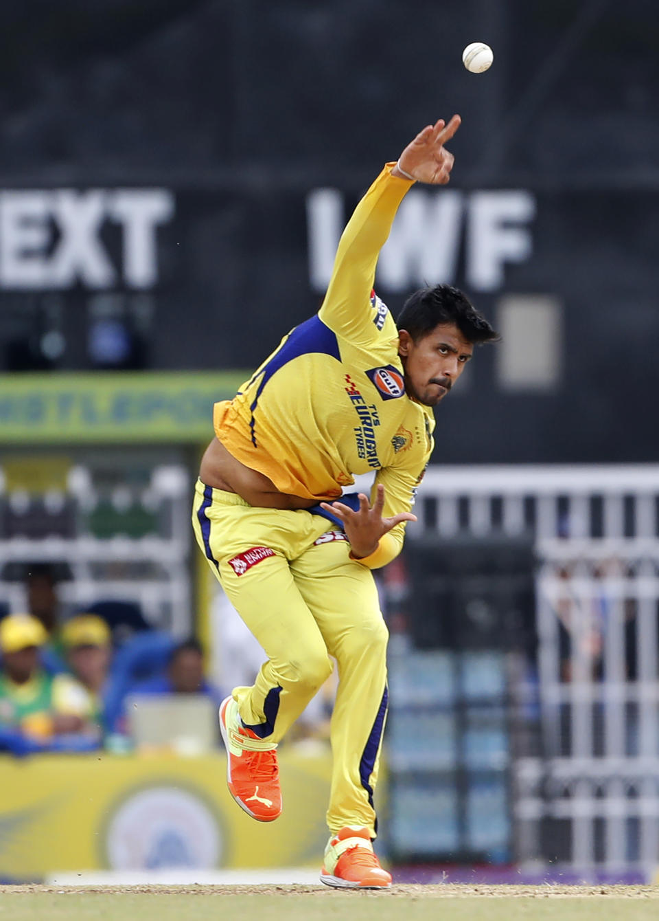 Chennai Super Kings' Maheesh Theekshana bowls a delivery during the Indian Premier League cricket match between Lucknow Super Giants and Chennai Super Kings in Lucknow, India, Wednesday, May 3, 2023. (AP Photo/Surjeet Yadav)