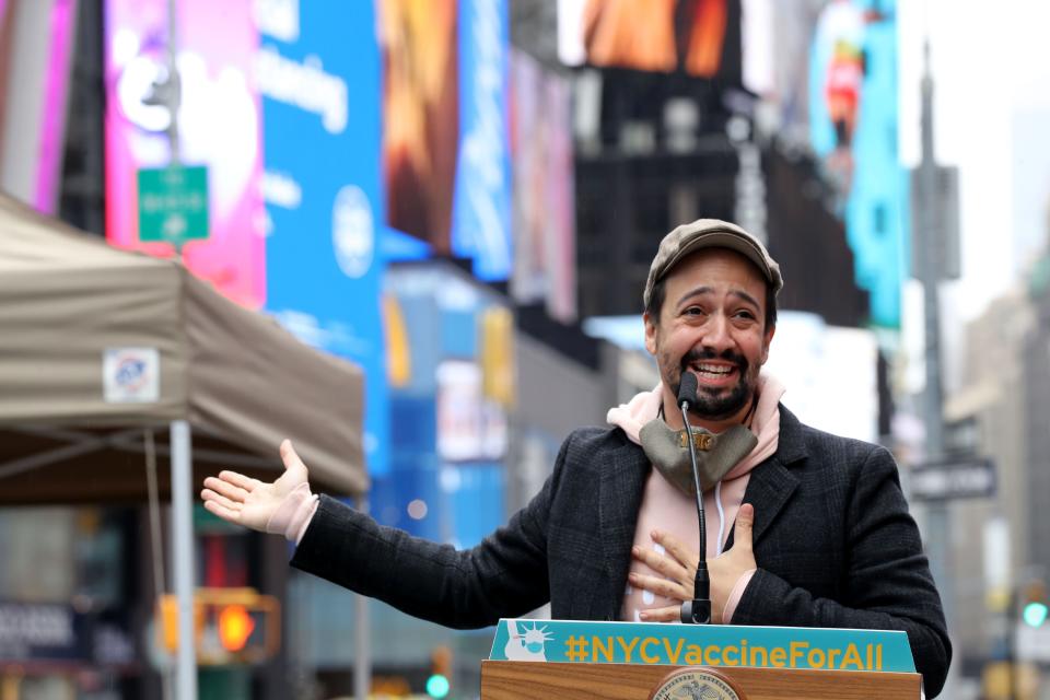 Actor, producer, and playwright Lin-Manuel Miranda talks about the reopening of Broadway theaters as well as a just opened COVID-19 vaccination site for theater, film, TV workers in Times Square in Manhattan April 12, 2021. Miranda was joined by New York City Mayor Bill de Blasio as well as Broadway performers, who sang several songs during the event.