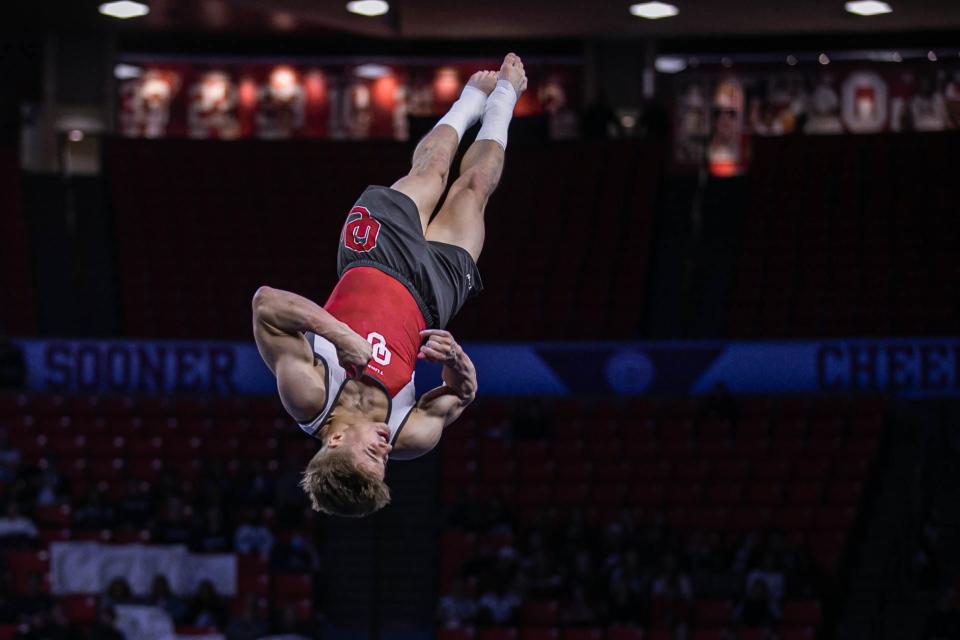 Jack Freeman competes on floor exercise as the Oklahoma Sooners compete in the final round of the NCAA Gymnastics Championships at Lloyd Noble Center in Norman on Saturday, April 16, 2022.