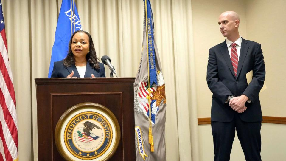 PHOTO: Asst. Attorney General Kristen Clarke of the U.S. Department of Justice announces at a news conference, on Nov. 8, 2023, in Jackson, Miss., that it has opened an investigation into the City of Lexington, Miss., and the Lexington Police Department. (Rogelio V. Solis/AP)