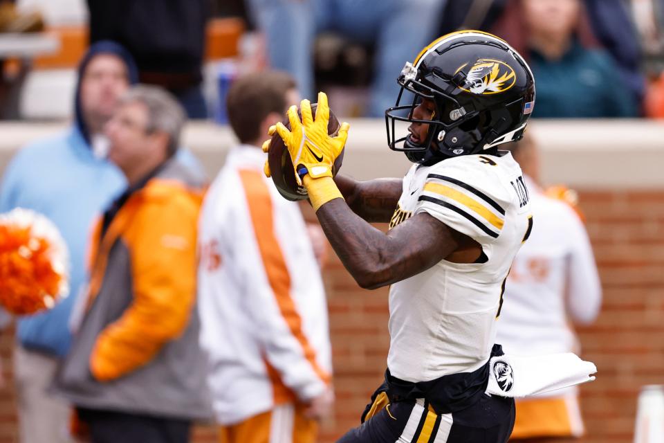 Missouri wide receiver Dominic Lovett (7) runs for a touchdown during the second half of an NCAA college football game against Tennessee Saturday, Nov. 12, 2022, in Knoxville, Tenn.