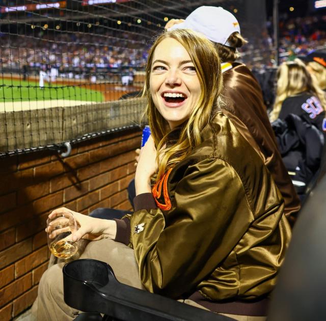 Emma Stone, husband Dave McCary pose for photos at Padres game