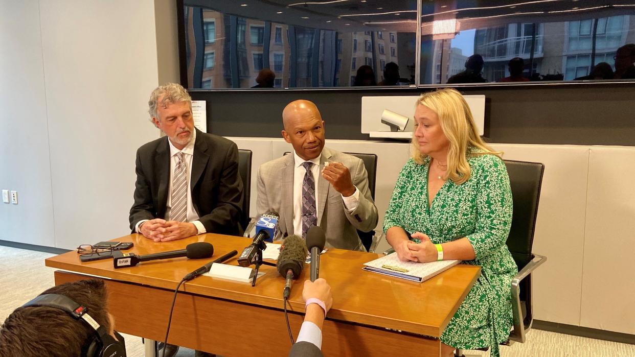 From left, Des Moines attorney Scott Brennan, Iowa Democratic Party Chair Ross Wilburn and state House Democratic Leader Jennifer Konfrst take questions from reporters in Washington, D.C.