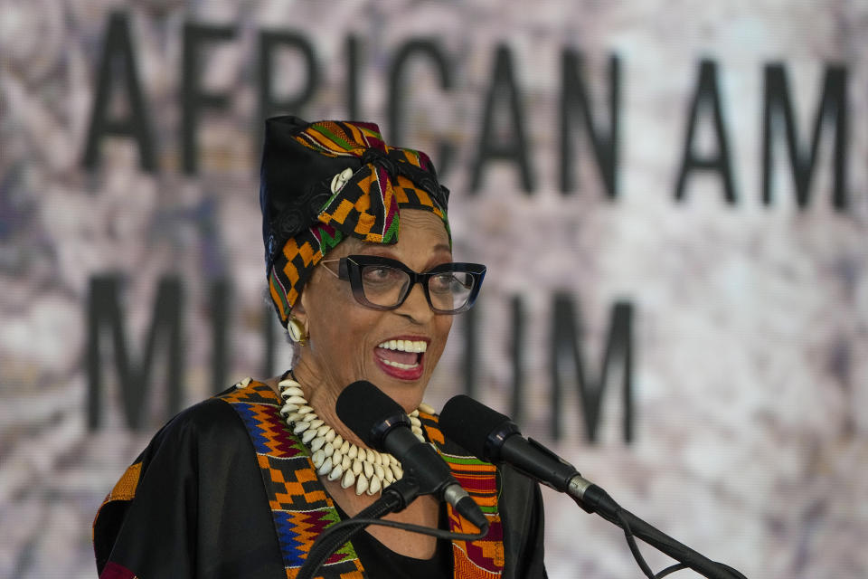 Dr Johnnetta B. Cole specks during the dedication ceremony for the International African American Museum on Saturday, June 24, 2023, in Charleston, S.C. Overlooking the old wharf at which nearly half of the enslaved population first entered North America, the 150,000-square foot museum houses exhibits and artifacts exploring how African Americans' labor, perseverance, resistance and cultures shaped the Carolinas, the nation and the world.(AP Photo/Chris Carlson)