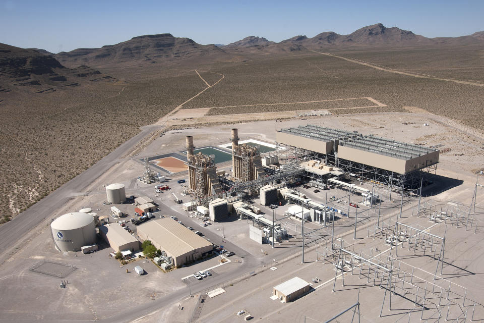 This undated aerial photo provided by NV Energy shows the Silverhawk Generating Station north of Las Vegas. NV Energy is set to start building two new natural gas-fired turbines at the site to address peak demand during the summertime as extreme drought conditions in the southwestern U.S. continue to test the region's power grids. (Rex Windom/NV Energy via AP)