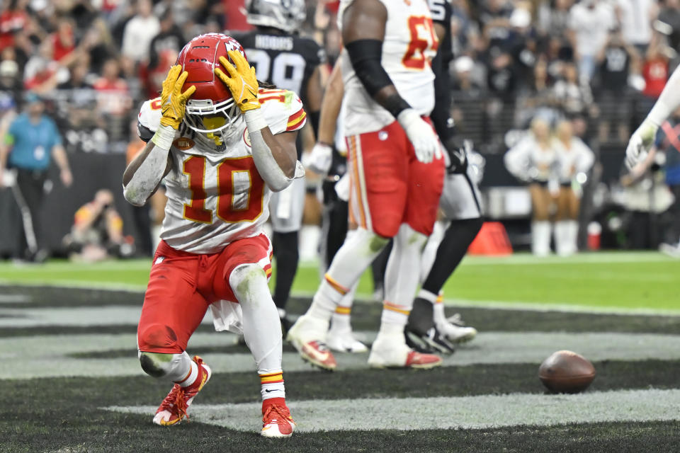 Kansas City Chiefs running back Isiah Pacheco (10) reacts after scoring a touchdown against the Las Vegas Raiders during the first half of an NFL football game, Sunday, Nov. 26, 2023, in Las Vegas. (AP Photo/David Becker)