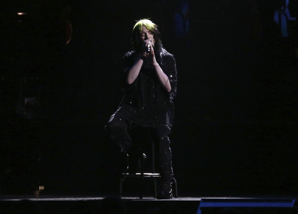 Billie Eilish performs on stage at the Brit Awards 2020 in London, Tuesday, Feb. 18, 2020. (Photo by Joel C Ryan/Invision/AP)