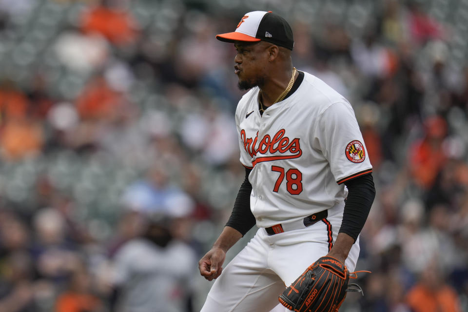 Baltimore Orioles relief pitcher Yennier Cano reacts after striking out Minnesota Twins' Jose Miranda during the eighth inning of a baseball game, Wednesday, April 17, 2024, in Baltimore. The Orioles won 4-2. (AP Photo/Jess Rapfogel)