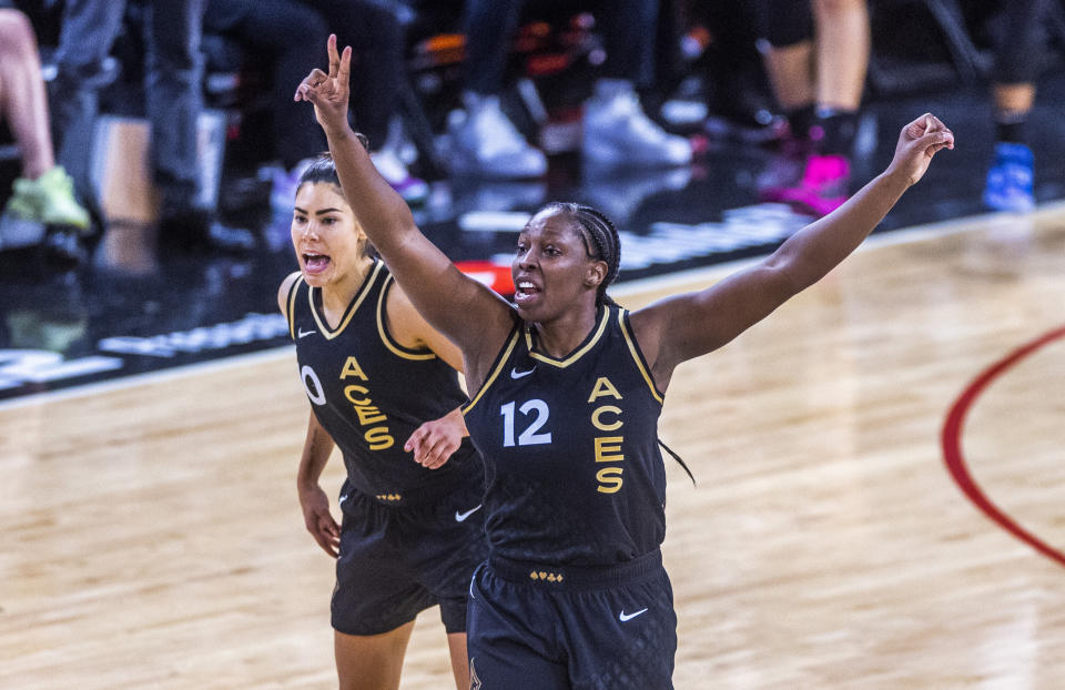 Las Vegas Aces guards Chelsea Gray and Kelsey Plum won the WNBA All-Star Skills Challenge on Friday in Las Vegas. (AP Photo/L.E. Baskow)