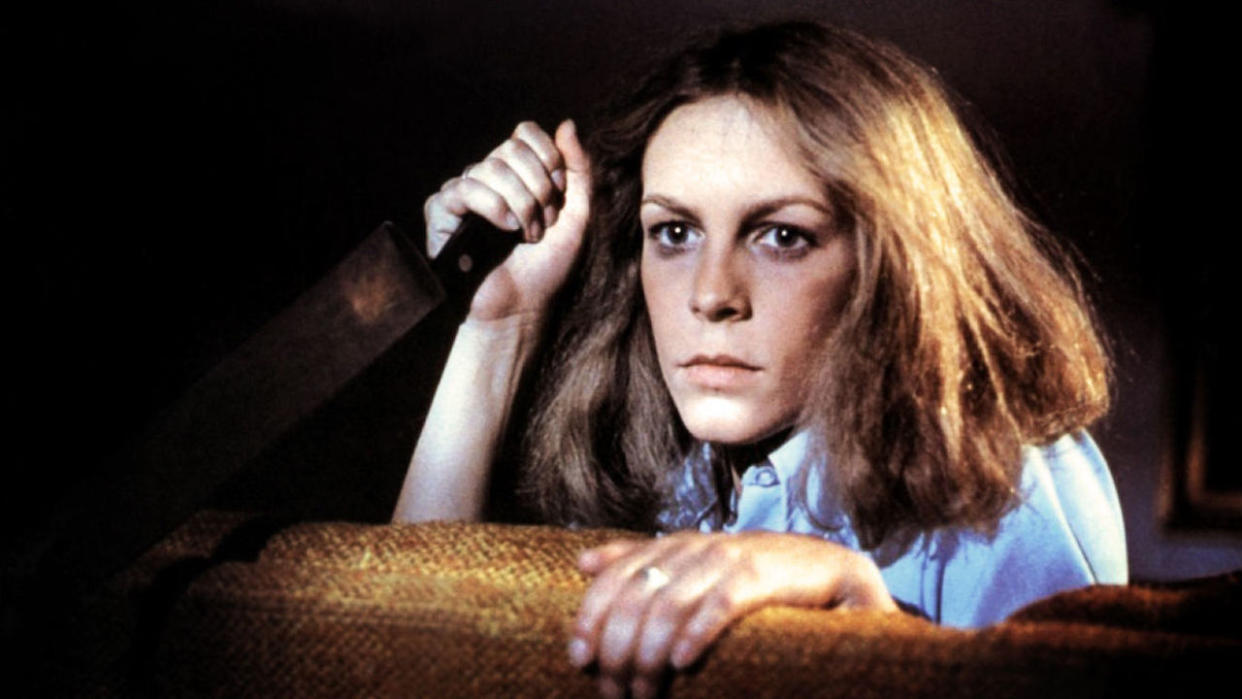  Jamie Lee Curtis as Laurie Strode with knife in 1978 Halloween. 