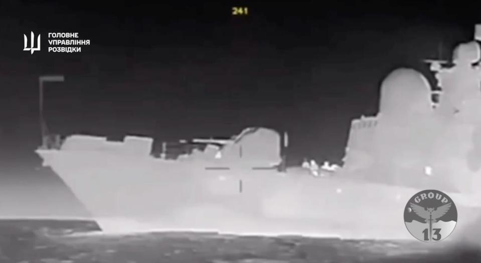 Footage shows a Ukrainian drone boat attacking the Ivanovets, a Russian warship.