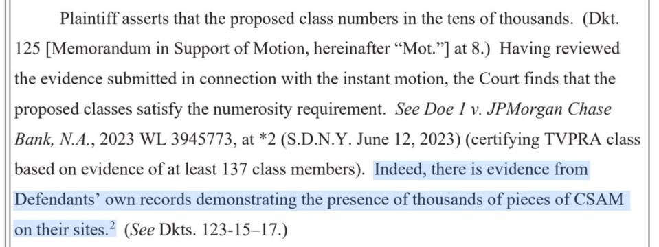 An excerpt from a California federal judge's November order granting class-action status to one of dozens of Pornhub lawsuits.