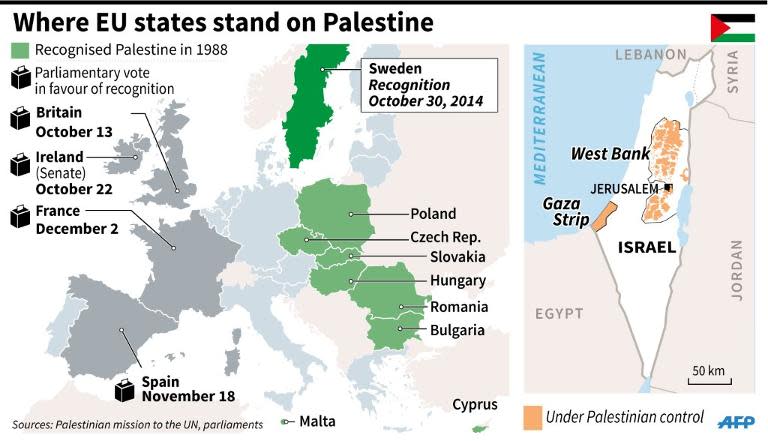 Map showing parliaments and states that have recognised Palestine