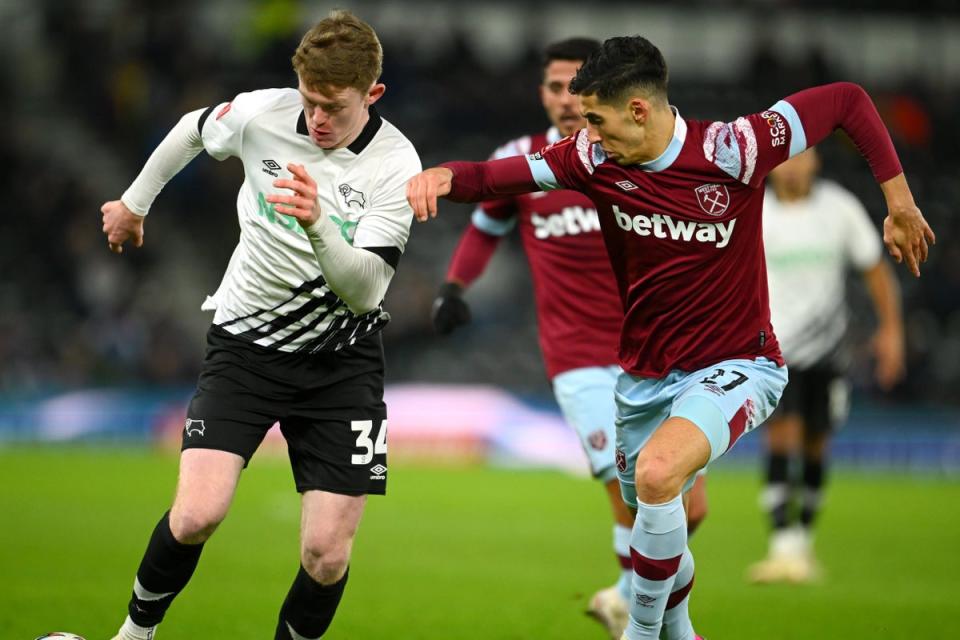 Nayef Aguerd thrived as part of a back-three for the dominant Hammers at Pride Park (Getty Images)