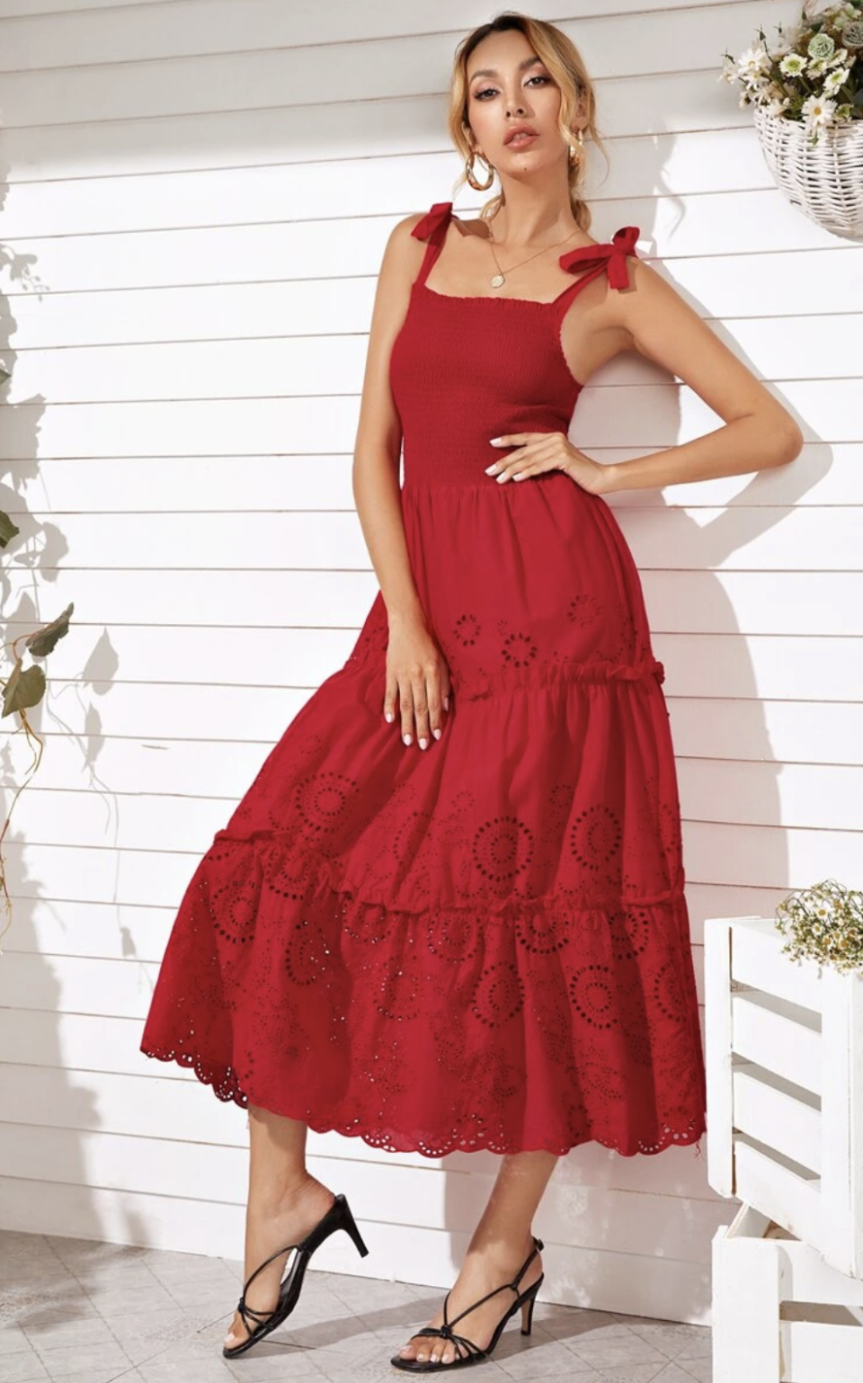 Knot Shoulder Eyelet Embroidery Shirred Cami Dress -  SHEIN. 