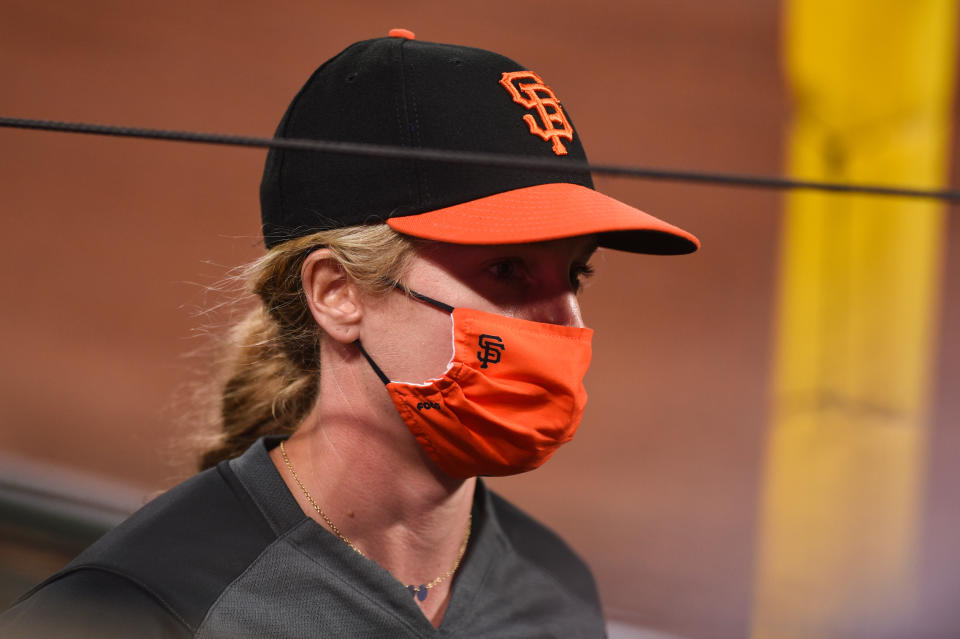 SAN FRANCISCO, CA - AUGUST 01: San Francisco Giants assistant coach Alyssa Nakken during the Major League Baseball game between the Texas Rangers and the San Francisco Giants at Oracle Park on August 1, 2020 in San Francisco, CA. (Photo by Cody Glenn/Icon Sportswire via Getty Images)