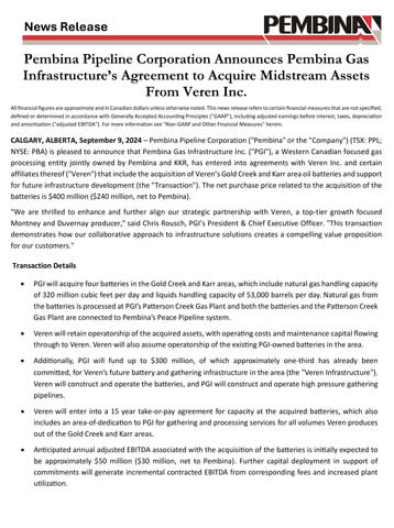 Pembina Pipeline Corporation Announces Pembina Gas Infrastructure’s Agreement to Acquire Midstream Assets From Veren Inc.