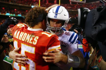 Jan 12, 2019; Kansas City, MO, USA; Kansas City Chiefs quarterback Patrick Mahomes (15) and Indianapolis Colts quarterback Andrew Luck (12) shake hands after the AFC Divisional playoff football game at Arrowhead Stadium. Mandatory Credit: Mark J. Rebilas-USA TODAY Sports