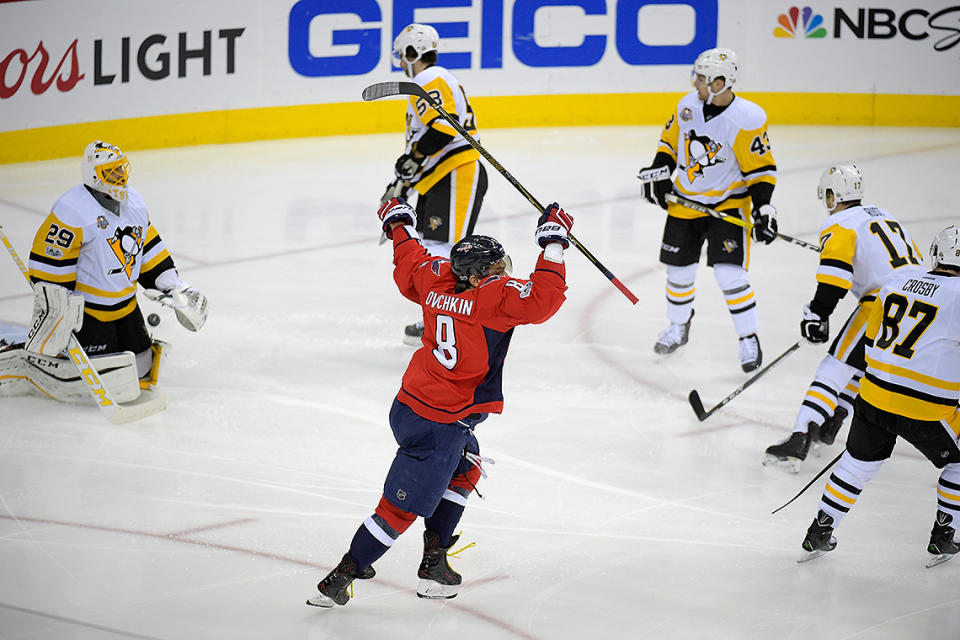 <p>Jan. 11, 2017: Washington Capitals superstar Alex Ovechkin notched his 1,000th career point - and 545th career goal, passing NHL legend Maurice Richard - when he scored 35 seconds into the game against - who else? — the Pittsburgh Penguins. (Getty Images) </p>