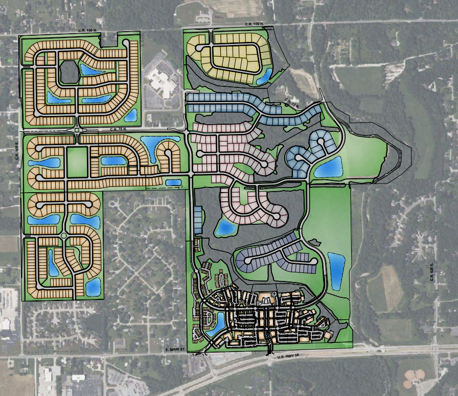 Plans for Easton Grey, a 500-acre, $500 million development in Avon, features five neighborhoods, including an area for homeowners aged 55 and older, shown above in orange.