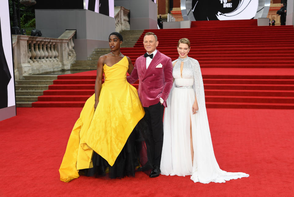 Lashana Lynch, Daniel Craig and Lea Seydoux attending the World Premiere of No Time To Die. (Getty Images)