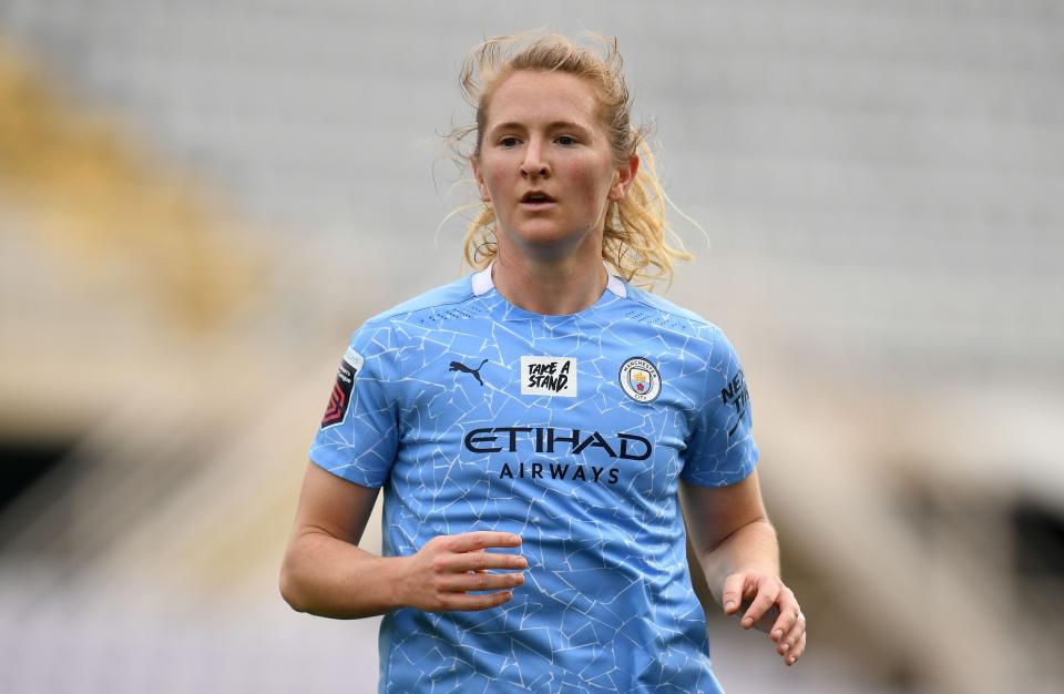 Samantha Mewis of Manchester City  looks on during the Women's UEFA Champions League Round of 16 match between ACF Fiorentina and Manchester City on March 11, 2021 in Florence, Italy.