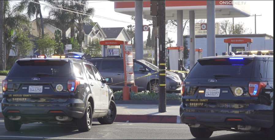 This gas station was the scene of a shooting involving an off-duty LAPD officer in Bellflower. The Los Angeles Sheriff’s Department says it appears that the officer was caught in the crossfire of a gang-related shooting on May 5, 2024. (OnScene.TV)