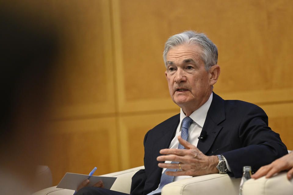 WASHINGTON DC, UNITED STATES - NOVEMBER 09: Jerome Powell, Chairman of the U.S. Federal Reserve, speaks during the 24th Jacques Polak Annual Research Conference at the International Monetary Fund (IMF) Headquarters in Washington DC, United States, on November 9, 2023 (Photo by Celal Gunes/Anadolu via Getty Images)