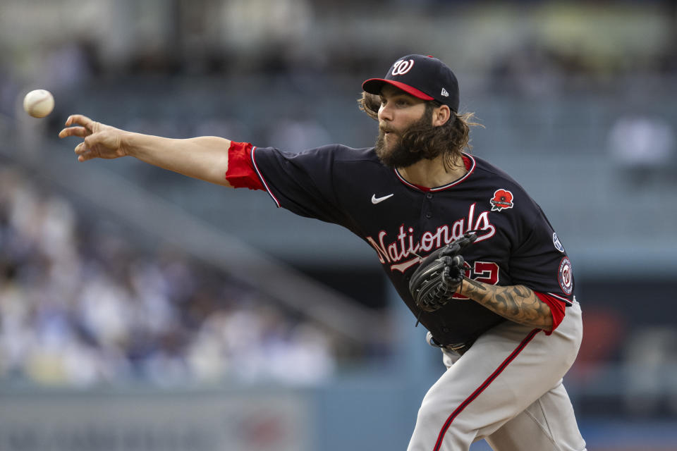 Washington Nationals starting pitcher Trevor Williams throws during the first inning of a baseball game against the Los Angeles Dodgers in Los Angeles, Monday, May 29, 2023. (AP Photo/Kyusung Gong)