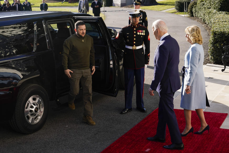 President Joe Biden and first lady Jill Biden welcome Ukrainian President Volodymyr Zelenskyy at the White House, Wednesday, Dec. 21, 2022, in Washington. (AP Photo/Patrick Semansky)