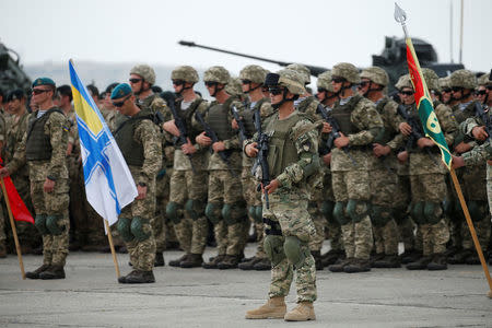 Georgian and Ukrainian servicemen stand at attention during an opening ceremony of the NATO-led military exercises "Noble Partner 2018" at Vaziani military base outside Tbilisi, Georgia, August 1, 2018. REUTERS/David Mdzinarishvili