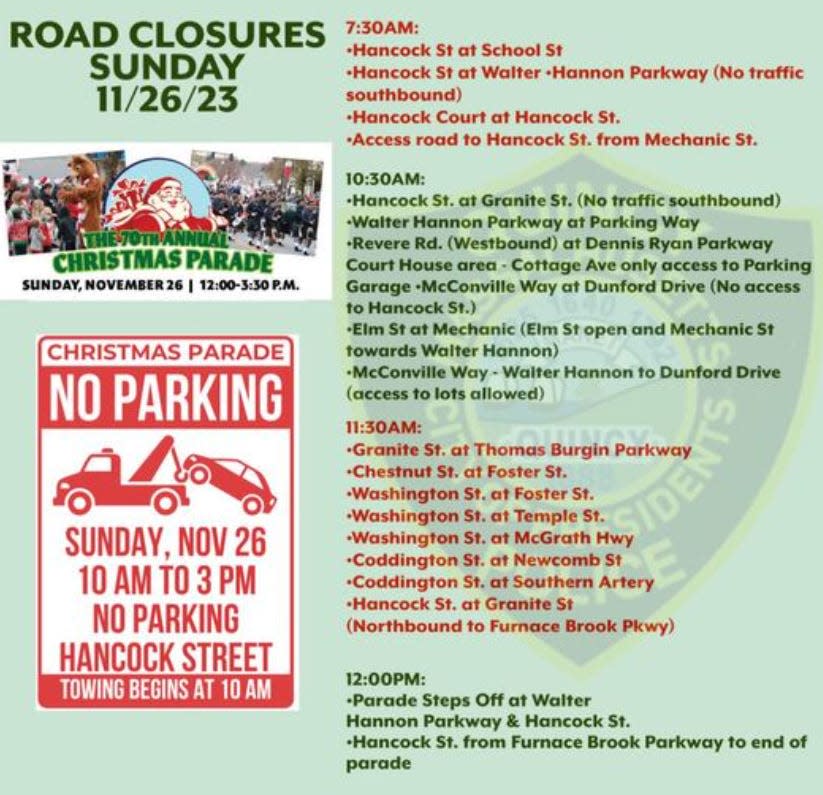 Some roads will be closed in Quincy on Sunday, Nov. 26, 2023, for the annual Christmas parade.