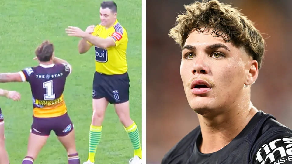 Reece Walsh will miss State of Origin Game III after being handed a three-week ban for a foul-mouthed spray. (Images: Fox Sports/AAP)
