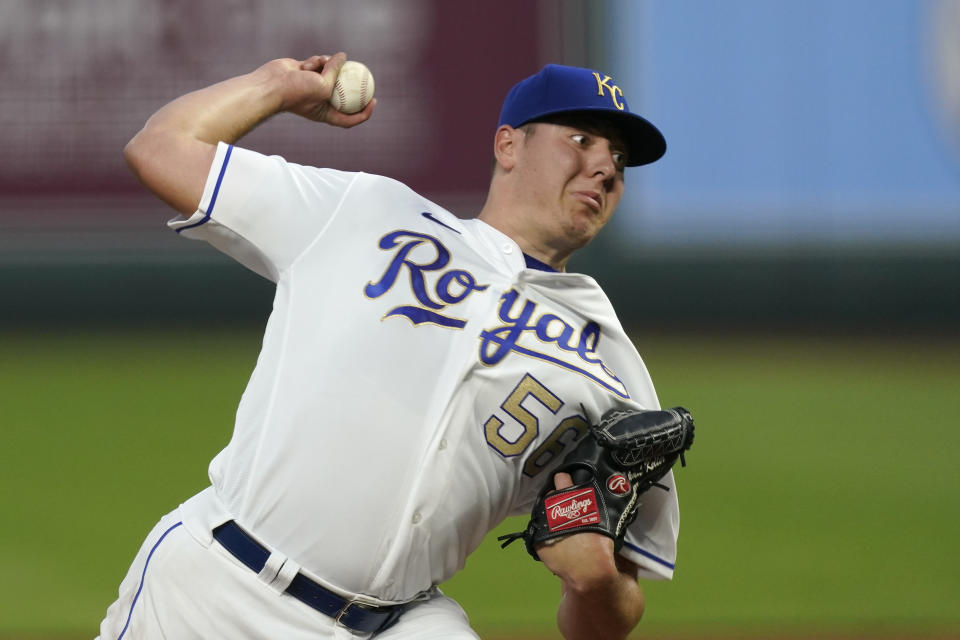 Kansas City Royals starting pitcher Brad Keller throws during the first inning of the team's baseball game against the Detroit Tigers on Friday, Sept. 25, 2020, in Kansas City, Mo. (AP Photo/Charlie Riedel)